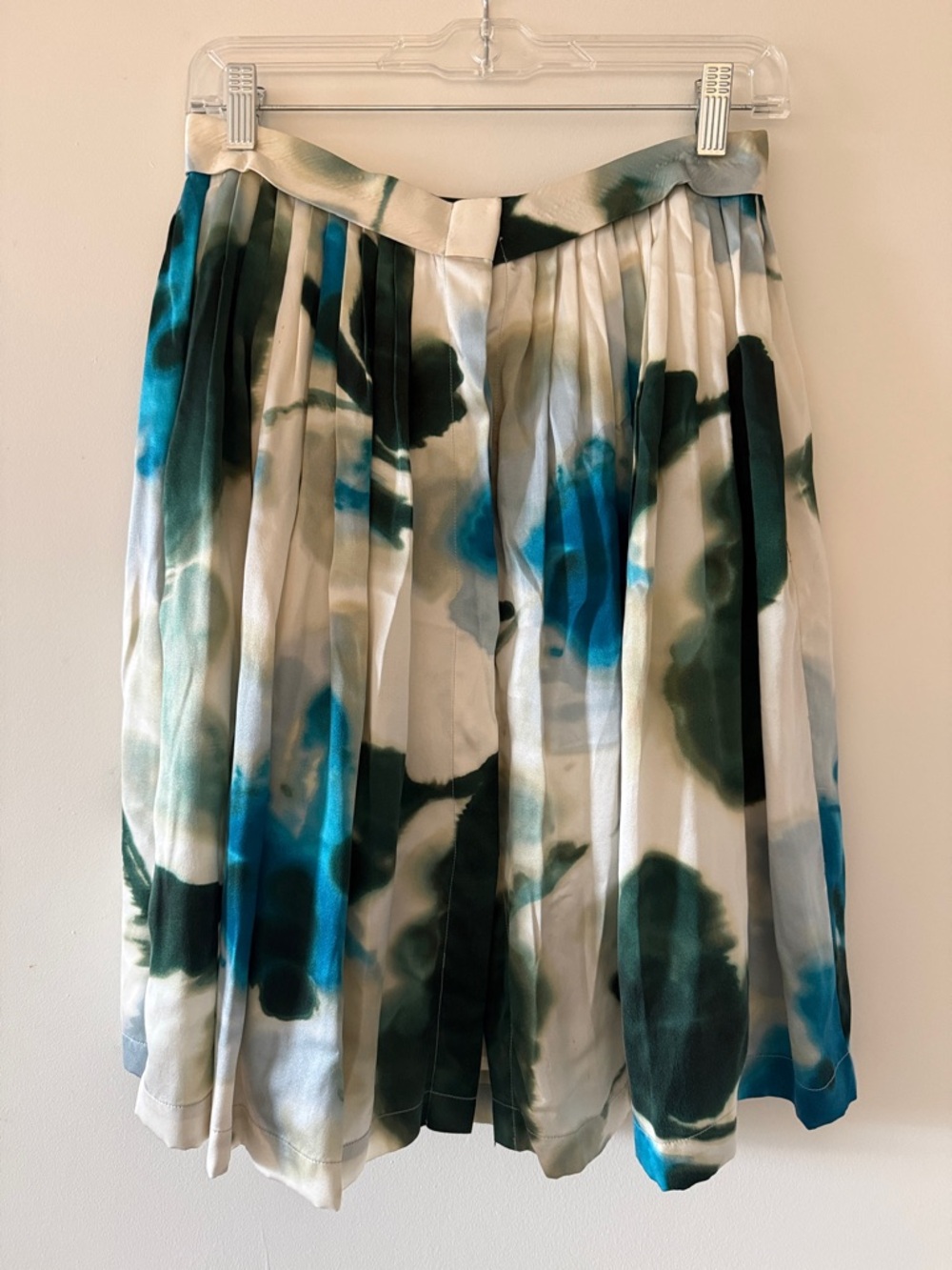Rachel Roy Pleated Watercolor Print Silk Midi Skirt - Blue & Green